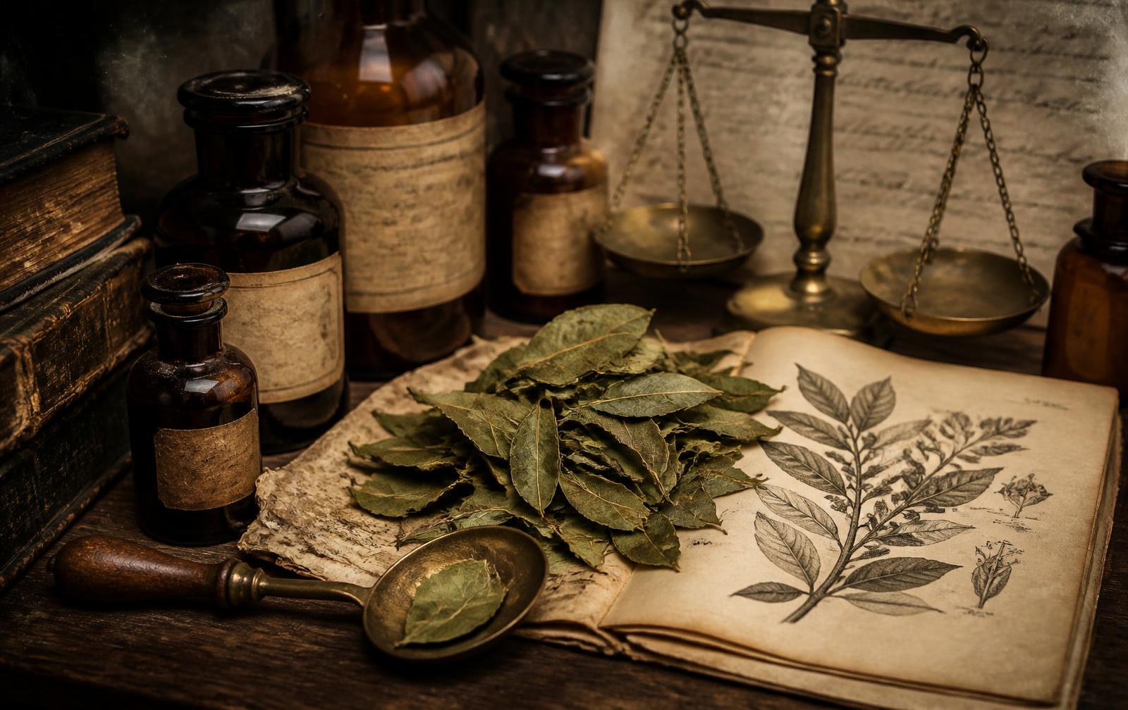 Nineteenth-century apothecary bench with amber bottles, dried coca leaves and a botanical engraving